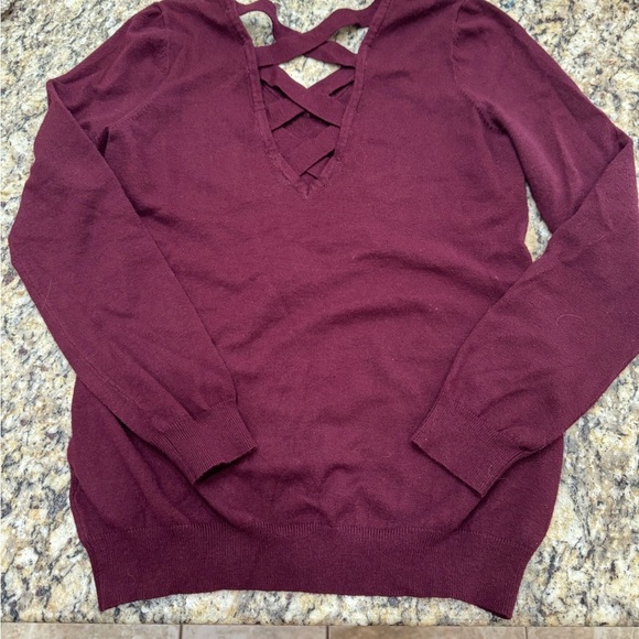 Cozy  V-Neck Sweater with Crisscross Back in Deep Burgundy - Picture 1 of 4